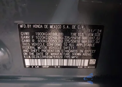 2025 Honda Hr-V Awd Sport z USA, uszkodzony, nr VIN 3CZRZ2H50SM754020